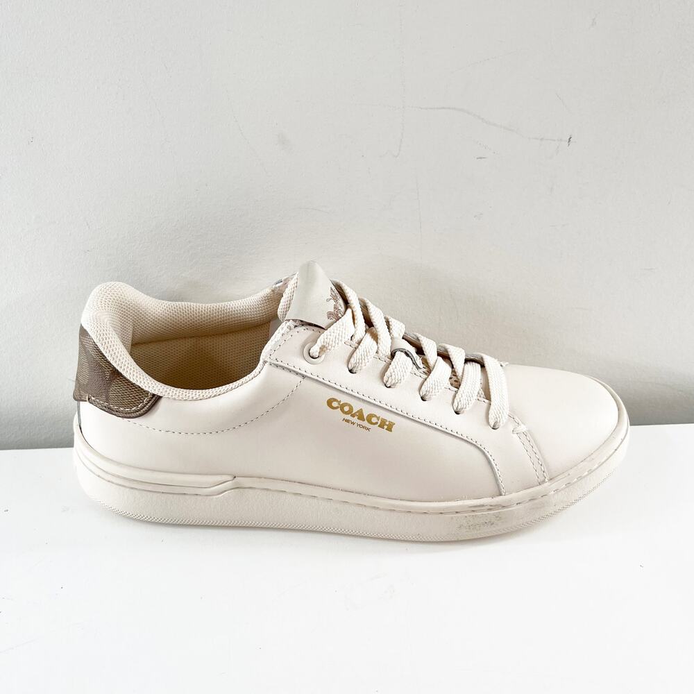 Coach Cream White Leather Low Top Sneakers with Tan Heel - Picture 2 of 8
